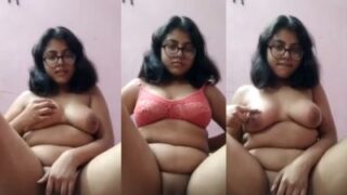 Buxom Bespectacled Babe Gropes Her Hefty Tits And Teases Her Tight Slit